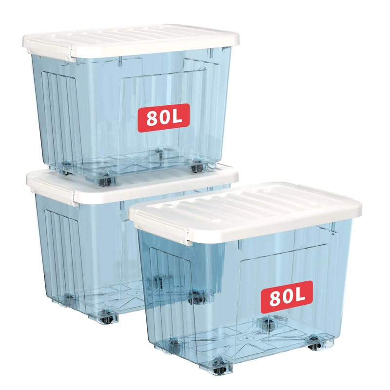 Cetomo 80L*3 Plastic Storage Boxes with Wheels, Lidded Storage Box with Secure Side Latches, PP Nestable and Stackable Clear Organizer for Home, Office, Moving, Transparent Blue, 80L-3 Pack