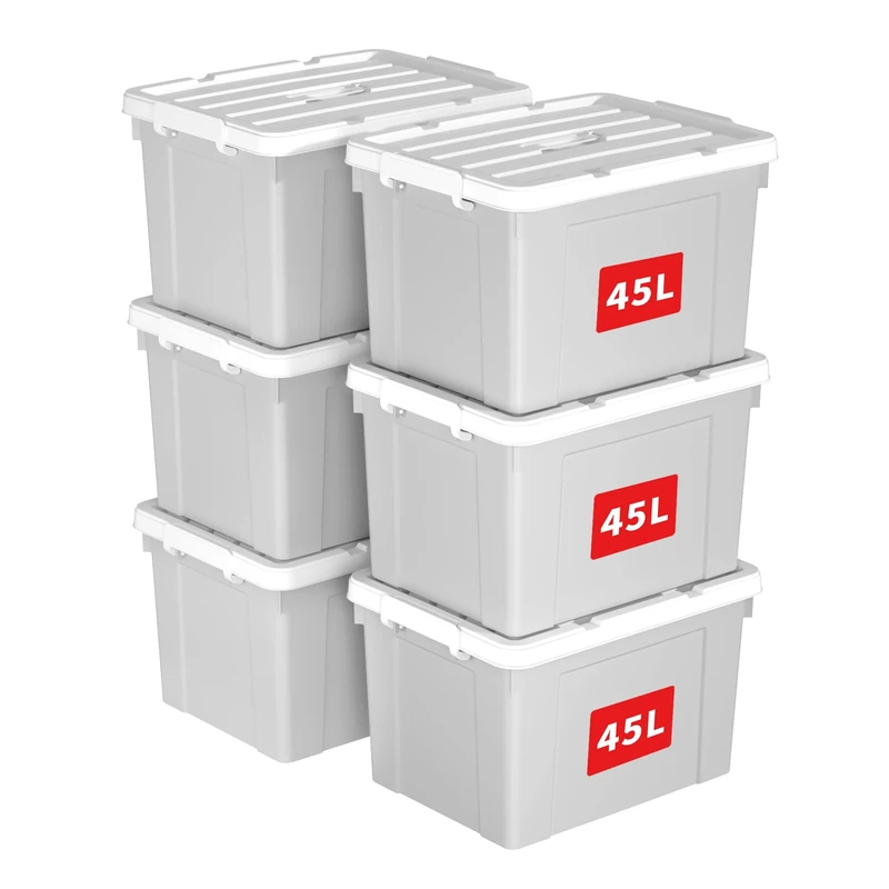 Cetomo 45L*6 Storage Boxes, Carry Plastic Storage Box with Lids, Organizing Container with Handle and Secure Latching Buckles, Stackable, Nestable, Tote Bin for Home Office Clothes, 45L-6Pack, Gray