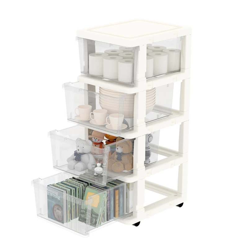 Cetomo Plastic Storage Drawers Unit, Storage Drawer on Locking Wheels, Tower with Interlocking Hooks for Home Office Closet Bedroom Dorm, Detachable, Free Combination, Clear and White, 4 Drawers