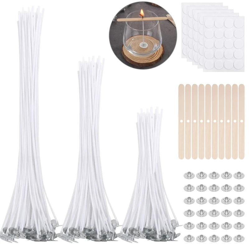 VEVOQIM 240pcs Candle Wicks Set, 100pcs for Making (4/6/8'') with Glue Dots, 10pcs Wick Holders & 30pcs Tabs, Long Lasting No Black Smoke DIY Candles Crafts, White, 18×16×2.5, AJ0093