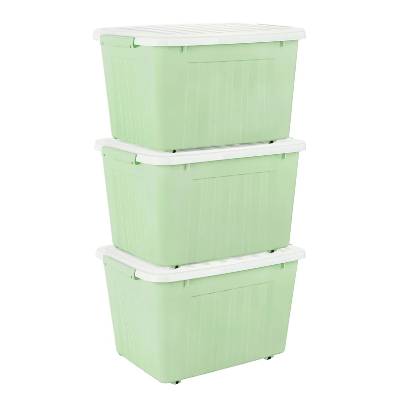Cetomo 80L*3 Storage Boxes with Lids, Plastic Storage Box with Wheels and Secure Side Latches, Stackable & Nestable Organizer for Home, Office, Moving, PP, Green, 80L-3 Pack