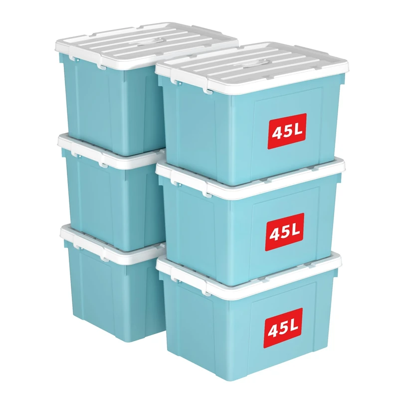 Cetomo 45L*6 Storage Boxes, Carry Plastic Storage Box with Lids, Organizing Container with Handle and Secure Latching Buckles, Stackable, Nestable, Tote Bin for Home Office Clothes, 45L-6Pack, Blue