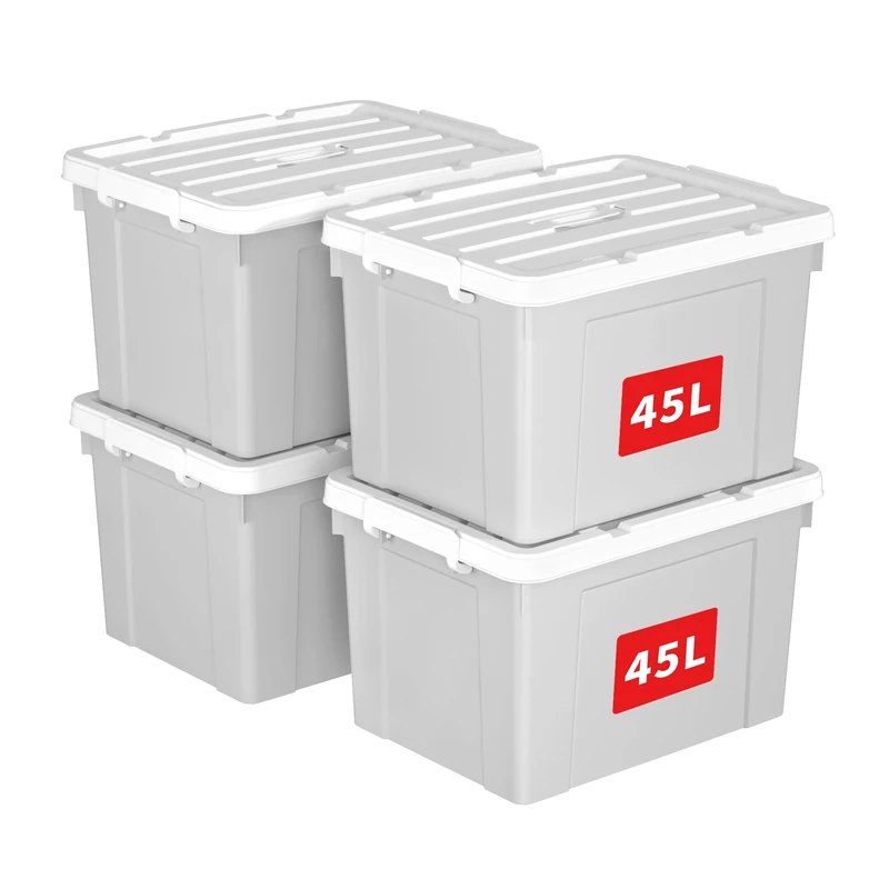 Cetomo 45L*4 Storage Boxes, Carry Plastic Storage Box with Lids, Organizing Container with Handle and Secure Latching Buckles, Stackable, Nestable, Tote Bin for Home Office Clothes, 45L-4Pack, Gray