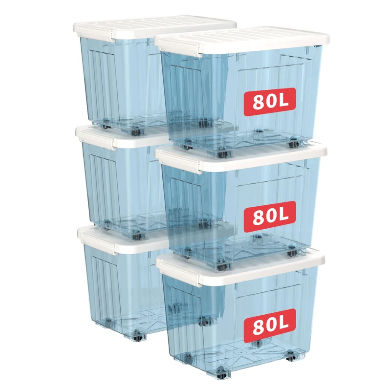 Cetomo 80L*6 Plastic Storage Boxes with Wheels, Lidded Storage Box with Secure Side Latches, PP Nestable and Stackable Clear Organizer for Home, Office, Moving, Transparent Blue, 80L-6 Pack
