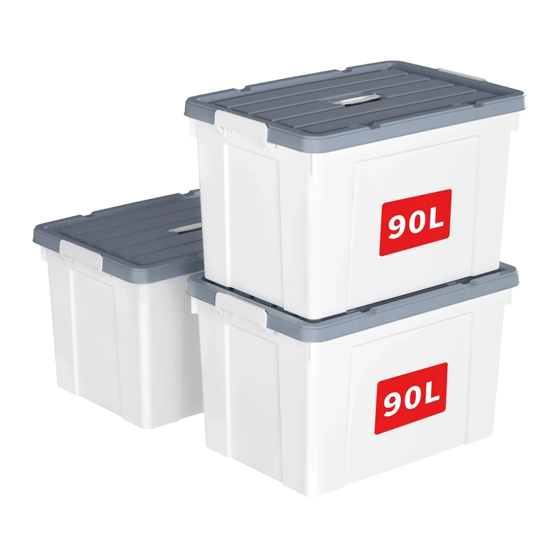 Cetomo 90L*3 Storage Boxes, Carry Plastic Storage Box with Lids, Organizing Container with Handle and Secure Latches, Nestable & Stackable Tote Box for Home Office, 90L-3 Pack, White