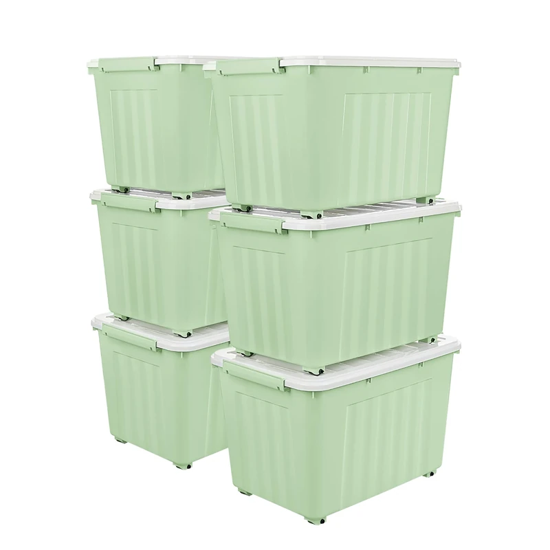 Cetomo 55L*6 Storage Boxes with Lids, Plastic Storage Box with Wheels and Secure Side Latches, Stackable & Nestable Organizer for Home, Office, Moving, PP, Green, 55L-6 Pack