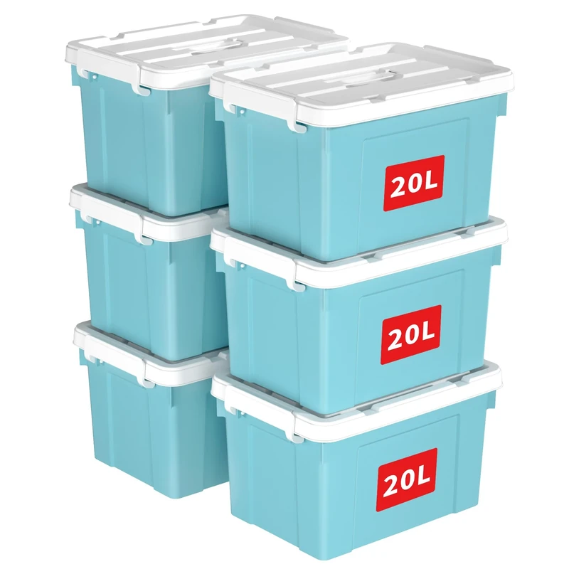 Cetomo 20L*6 Storage Boxes, Carry Plastic Storage Box with Lids, Organizing Container with Handle and Secure Latching Buckles, Stackable, Nestable, Tote Bin for Home Office Clothes, 20L-6Pack, Blue