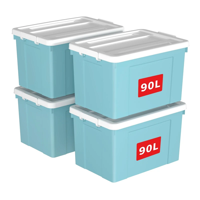 Cetomo 90L*4 Storage Boxes, Plastic Storage Box with Lids, Organizing Container with Secure Latching Buckles, Stackable, Nestable, Tote Bin for Home Office Clothes, 90L-4Pack, Blue