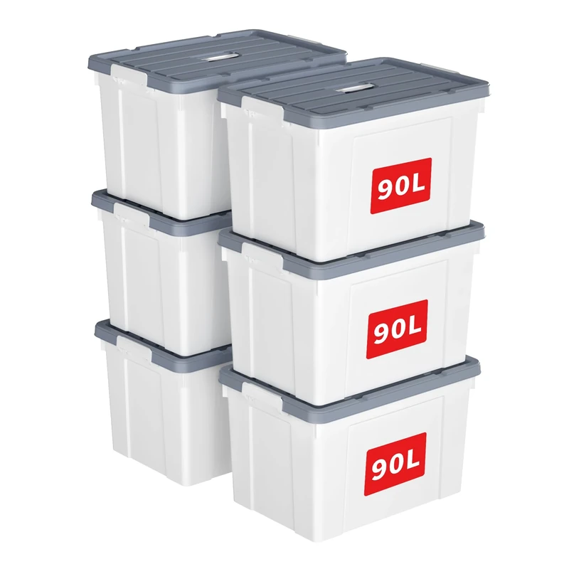 Cetomo 90L*6 Storage Boxes, Carry Plastic Storage Box with Lids, Organizing Container with Handle and Secure Latches, Nestable & Stackable Tote Box for Home Office, 90L-6 Pack, White