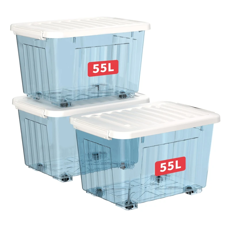Cetomo 55L*3 Plastic Storage Boxes with Wheels, Lidded Storage Box with Secure Side Latches, PP Nestable and Stackable Clear Organizer for Home, Office, Moving, Transparent Blue, 55L-3 Pack
