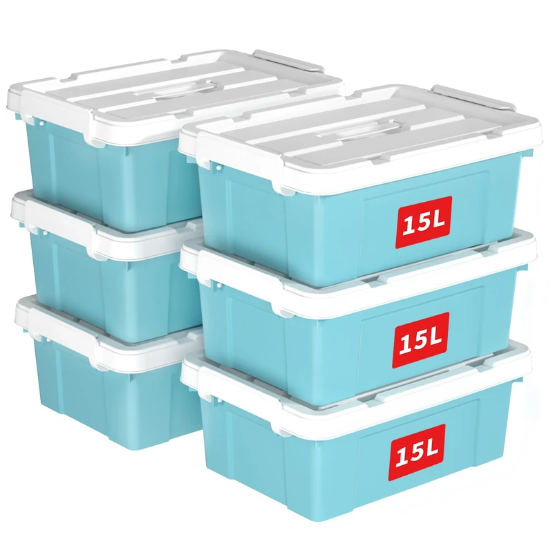 Cetomo 15L*6 Storage Boxes, Carry Plastic Storage Box with Lids, Organizing Container with Handle and Secure Latching Buckles, Stackable, Nestable, Tote Bin for Home Office Clothes, 15L-6Pack, Blue