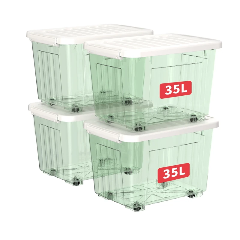 Cetomo 35L*4 Plastic Storage Boxes with Wheels, Lidded Storage Box with Secure Side Latches, PP Nestable and Stackable Clear Organizer for Home, Office, Moving, Transparent Green, 35L-4 Pack
