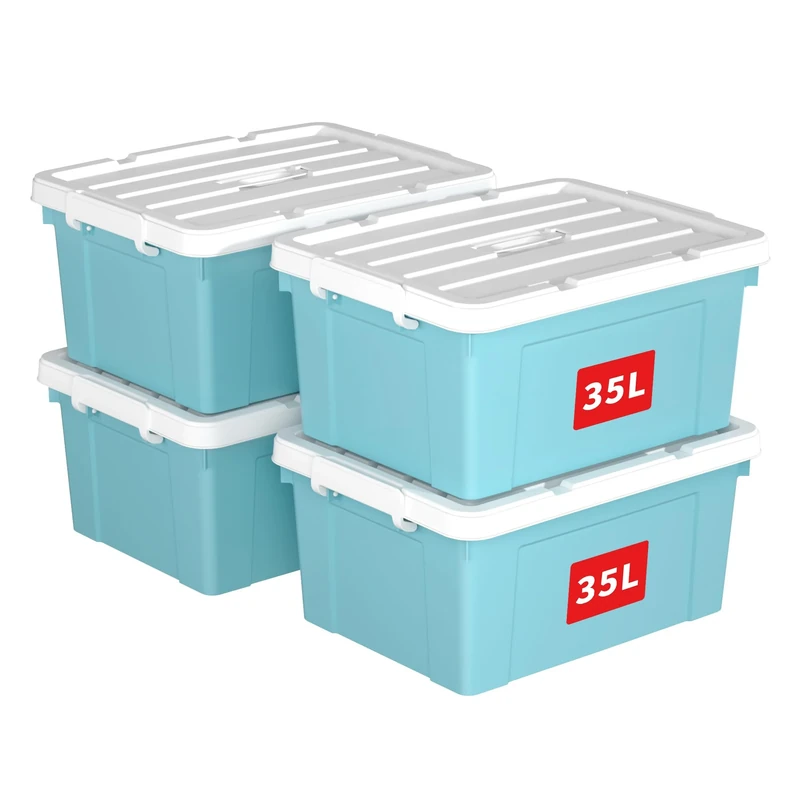 Cetomo 35L*4 Storage Boxes, Carry Plastic Storage Box with Lids, Organizing Container with Handle and Secure Latching Buckles, Stackable, Nestable, Tote Bin for Home Office Clothes, 35L-4Pack, Blue