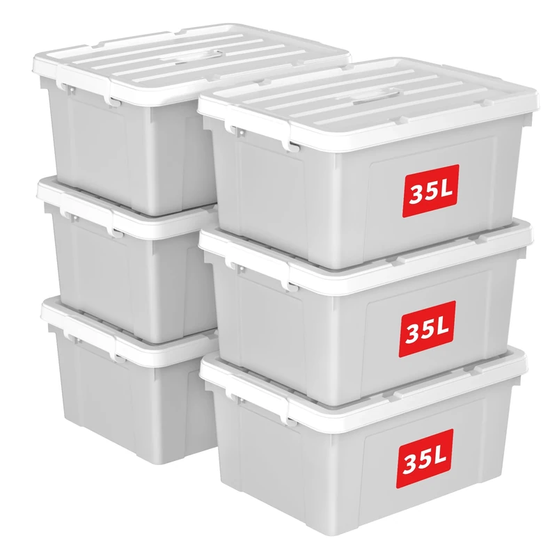Cetomo 35L*6 Storage Boxes, Carry Plastic Storage Box with Lids, Organizing Container with Handle and Secure Latching Buckles, Stackable, Nestable, Tote Bin for Home Office Clothes, 35L-6Pack, Gray