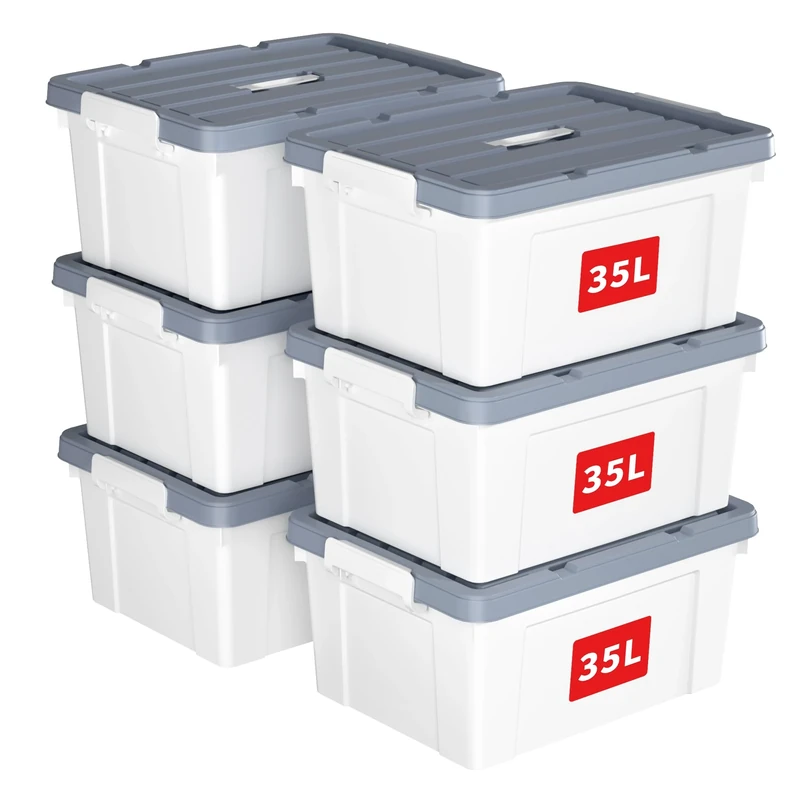 Cetomo 35L*6 Storage Boxes, Carry Plastic Storage Box with Lids, Organizing Container with Handle and Secure Latches, Nestable & Stackable Tote Box for Home Office, 35L-6 Pack, White