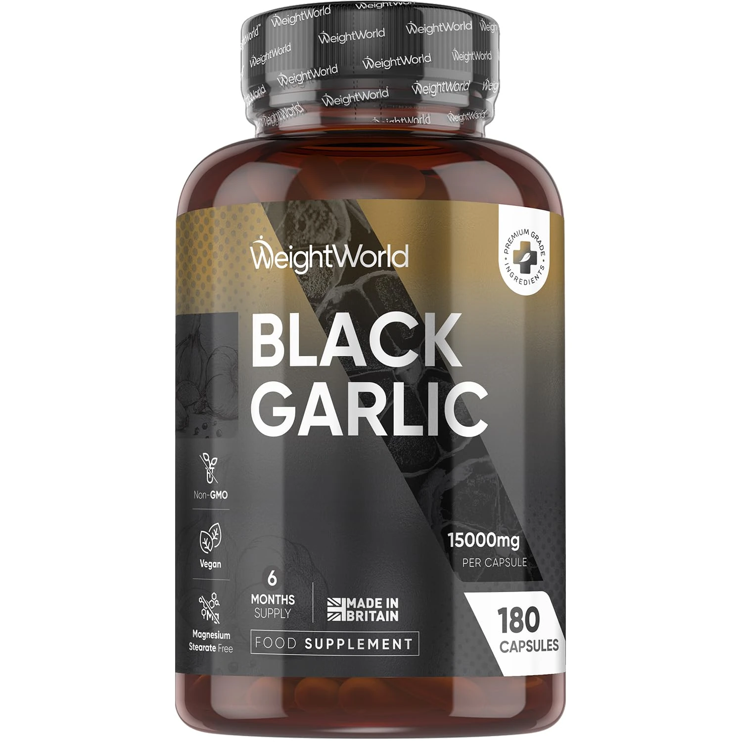 WeightWorld Black Garlic Capsules | 6 Months Supply | 180 Capsules | 15000mg Black Garlic Extract (100:1) | 1 per Day | Vegan, Non-GMO & Magnesium Stearate-Free | Made in Britain