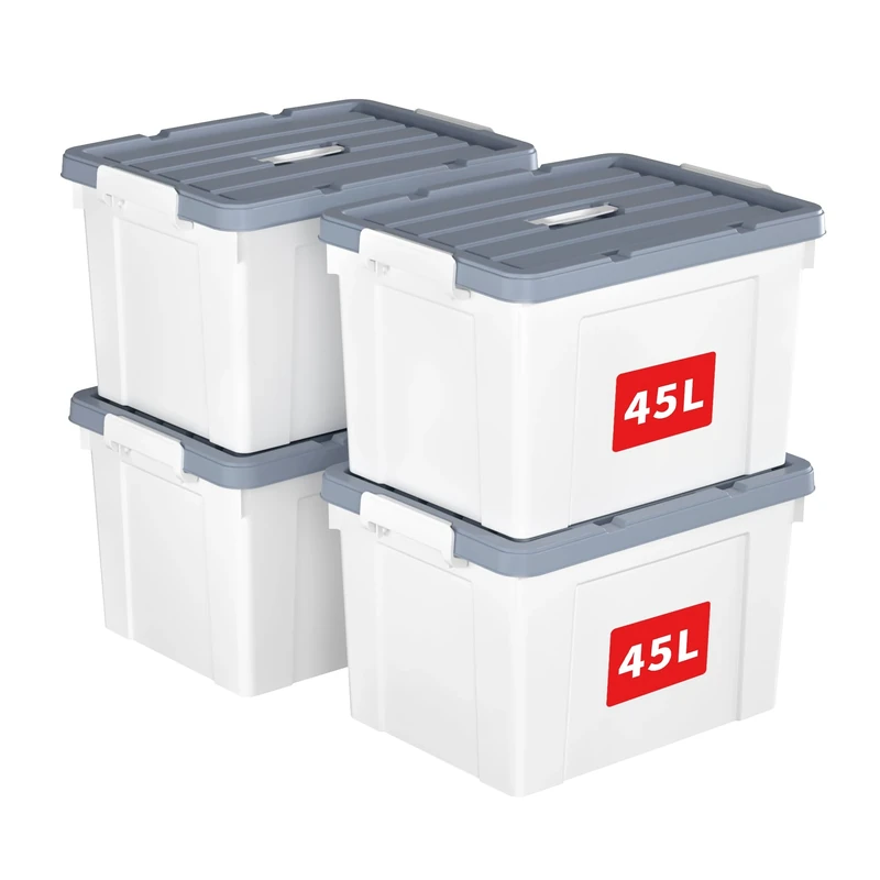 Cetomo 45L*4 Storage Boxes, Carry Plastic Storage Box with Lids, Organizing Container with Handle and Secure Latches, Nestable & Stackable Tote Box for Home Office, 45L-4 Pack, White