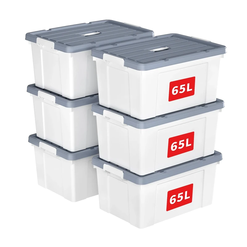 Cetomo 65L*6 Storage Boxes, Carry Plastic Storage Box with Lids, Organizing Container with Handle and Secure Latches, Nestable & Stackable Tote Box for Home Office, 65L-6 Pack, White