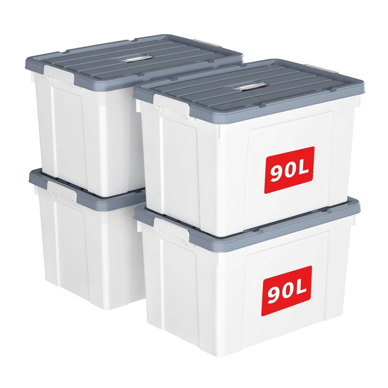 Cetomo 90L*4 Storage Boxes, Carry Plastic Storage Box with Lids, Organizing Container with Handle and Secure Latches, Nestable & Stackable Tote Box for Home Office, 90L-4 Pack, White