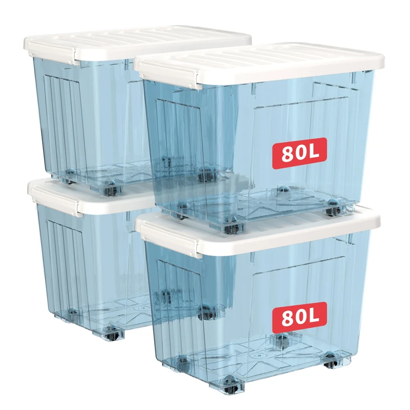 Cetomo 80L*4 Plastic Storage Boxes with Wheels, Lidded Storage Box with Secure Side Latches, PP Nestable and Stackable Clear Organizer for Home, Office, Moving, Transparent Blue, 80L-4 Pack