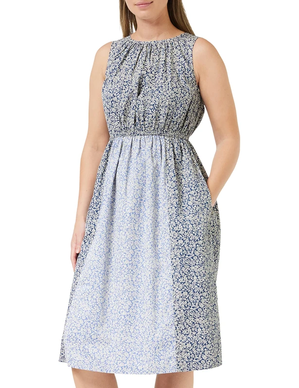 People Tree Women's V&A Merton Flared Dress in Pristine on Dark Denim and Faded Denim (Blue), 100% Organic Certified Cotton, Size 10