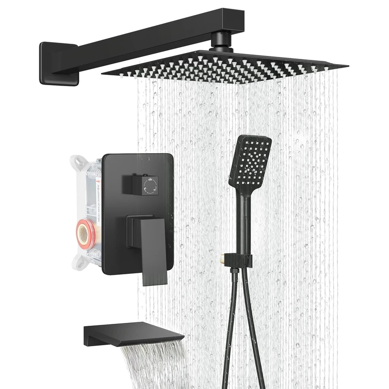 LCEVCGK Shower Faucet Set Complete Matte Black Shower System with 10 inch Square Rainfall Shower Head 3-Function Handheld Shower Waterfall Bathtub Spout Rain Shower Combo Set Bathroom Wall Mounted