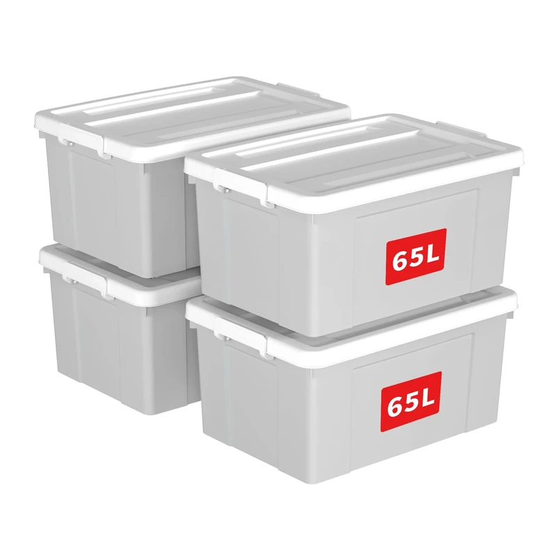 Cetomo 65L*4 Storage Boxes, Plastic Storage Box with Lids, Organizing Container with Secure Latching Buckles, Stackable, Nestable, Tote Bin for Home Office Clothes, 65L-4Pack, Gray