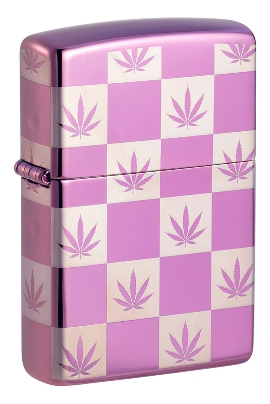 Zippo Windproof Lighter - Checkered Cannabis Model - High Polish Purple Finish with 360 Photo Image - Refillable - Reusable - Windproof Design - Gift Box - Made in USA