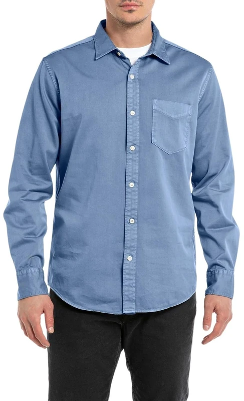 REPLAY Men's Long-Sleeved Shirt Made of Cotton Mix, Powder Blue 593 (Blue), XL