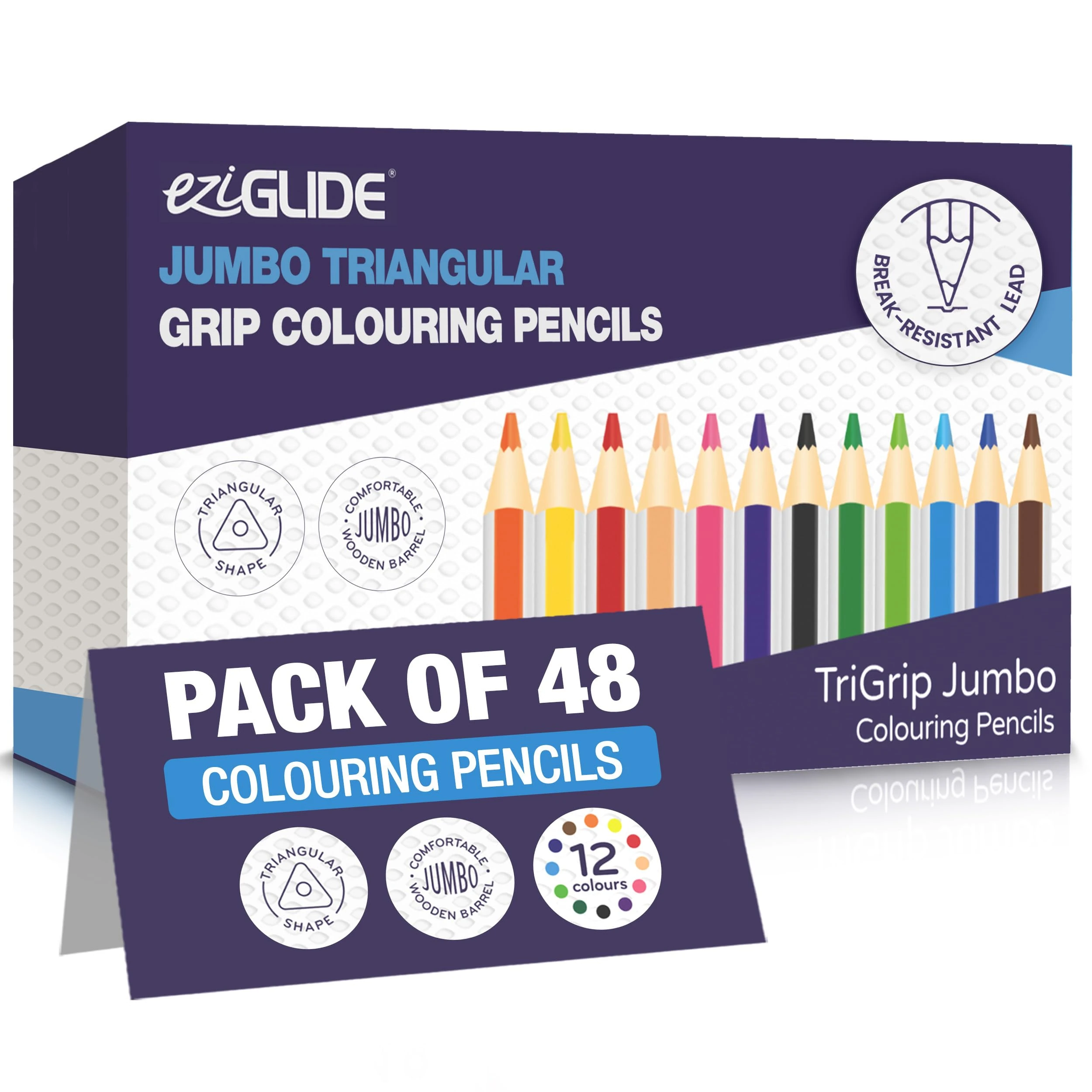 Eziglide Jumbo TriGrip Colouring Pencils, Tub of 48 Triangular Pencils, Break resistant super bonded lead, 12 Assorted high pigment colours, Improves children's pencil grip, comfort and control