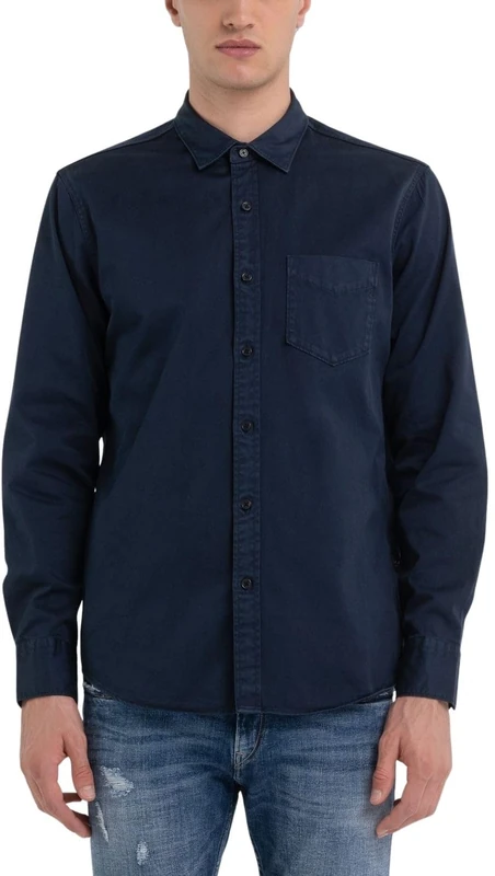 REPLAY Men's Long-Sleeved Shirt Made of Cotton Mix, Night Blue 971 (Blue), XXL