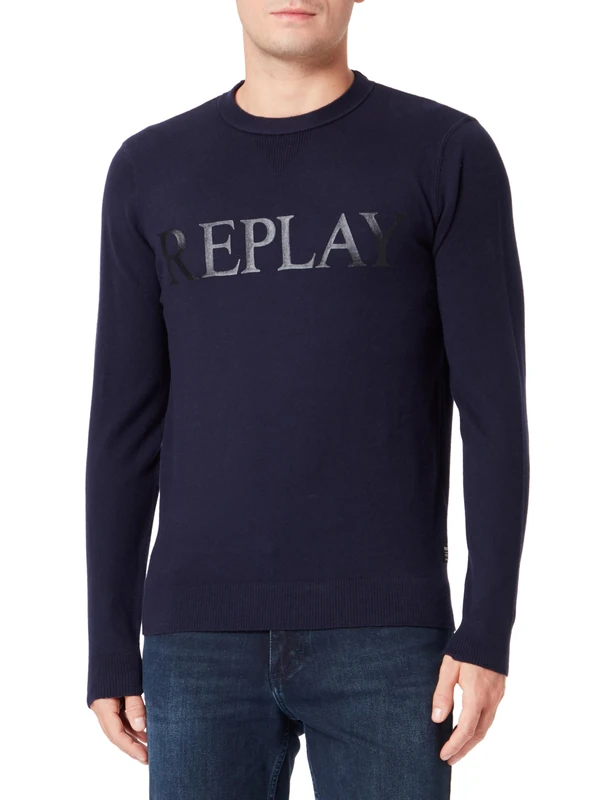 REPLAY Men's Sweater Made of Cotton/Cashmere Mix, Blue 087 (Blue), XXL