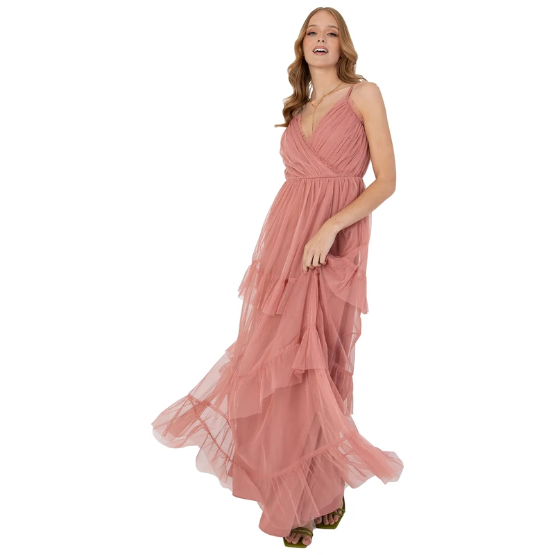 Anaya with Love Ladies Maxi Cami Dress for Womens Strappy Tiered Ruffle Frilly Faux V Neckline Long for Bridesmaids Wedding Guest Prom Size 12 Pink