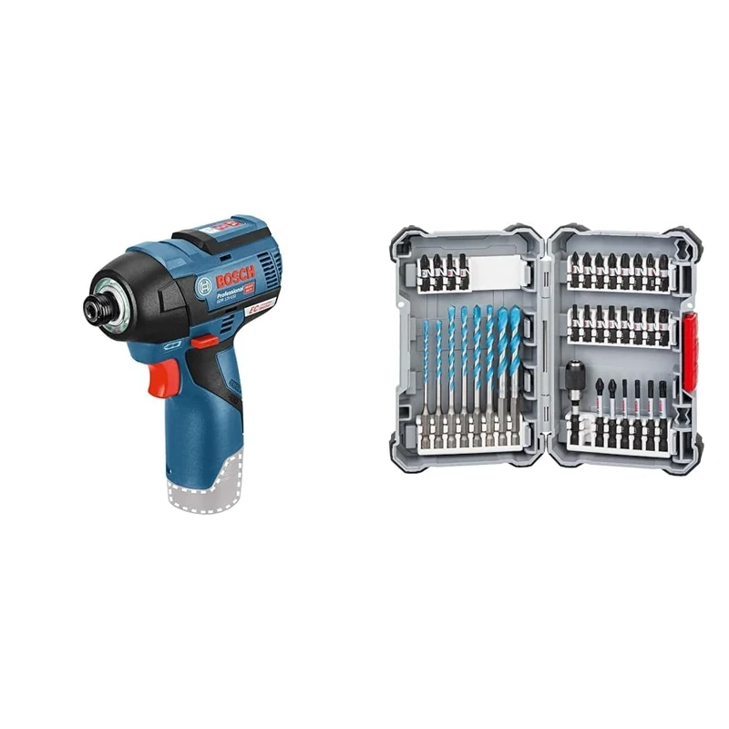 Bosch Professional 06019E0002 10.8 V GDR Li-Ion Brushless Impact Driver Bare Unit - Blue + 35pc. MultiConstruction Drill Bit and Impact Control Screwdriver Bit Set (Pick and Click, HEX-9, Accessories)