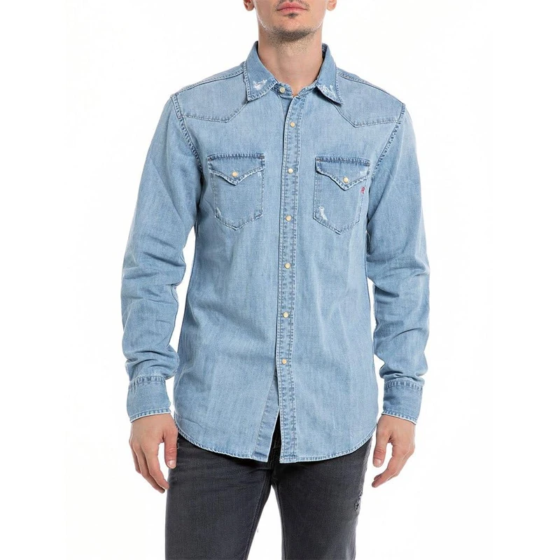 Replay Men's Shirt Long Sleeve, Blue (Light Blue 010), M