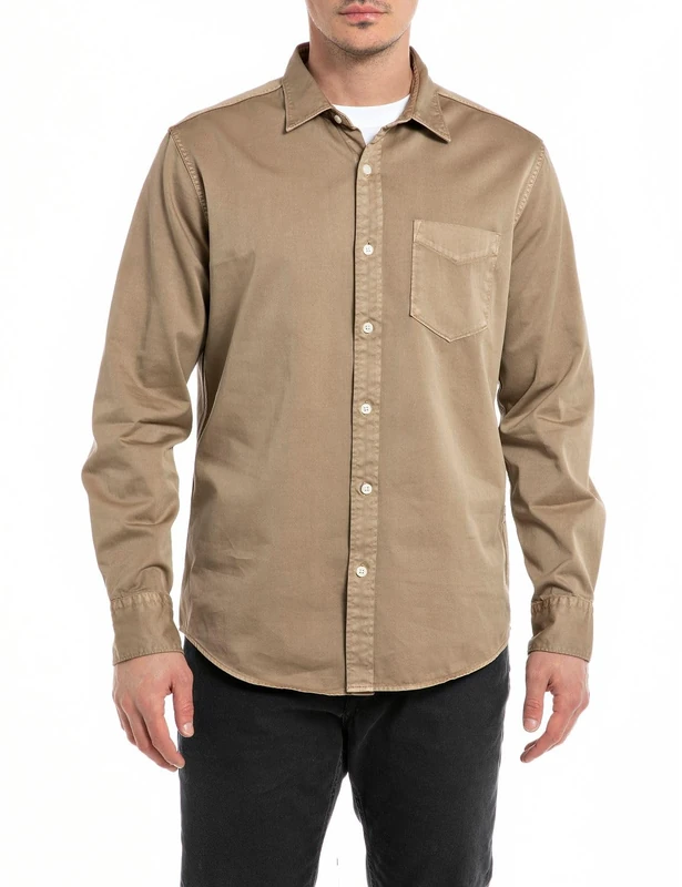 REPLAY Men's Long-Sleeved Shirt Made of Cotton Mix, Peanut 725 (Brown), XL