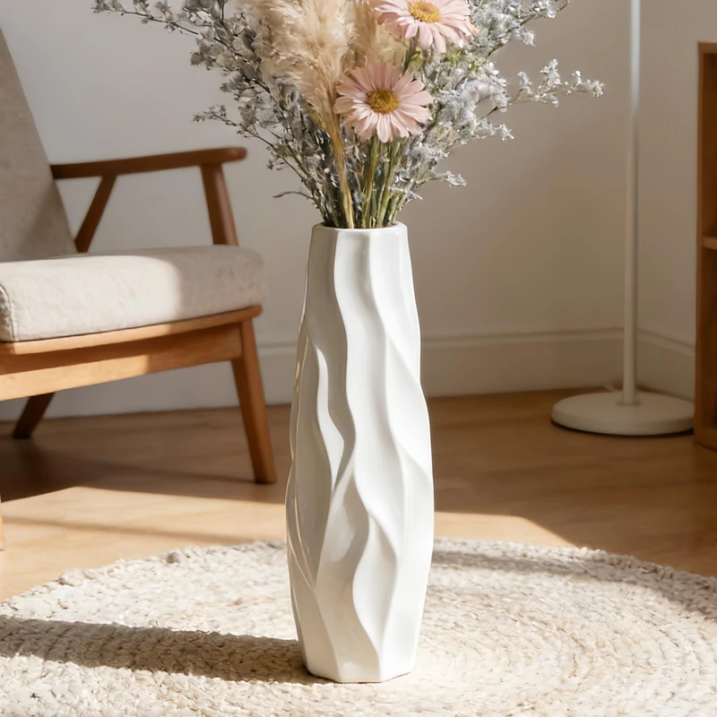 Large Floor Ceramic Vase 17.7 Inches Tall,White Modern Flower Tall Vases for Office, Home,Farmhouse,Living Room Décor,Simple Origami Design Fall Decorative Porcelain Flower Arrangement Vase Best Gift