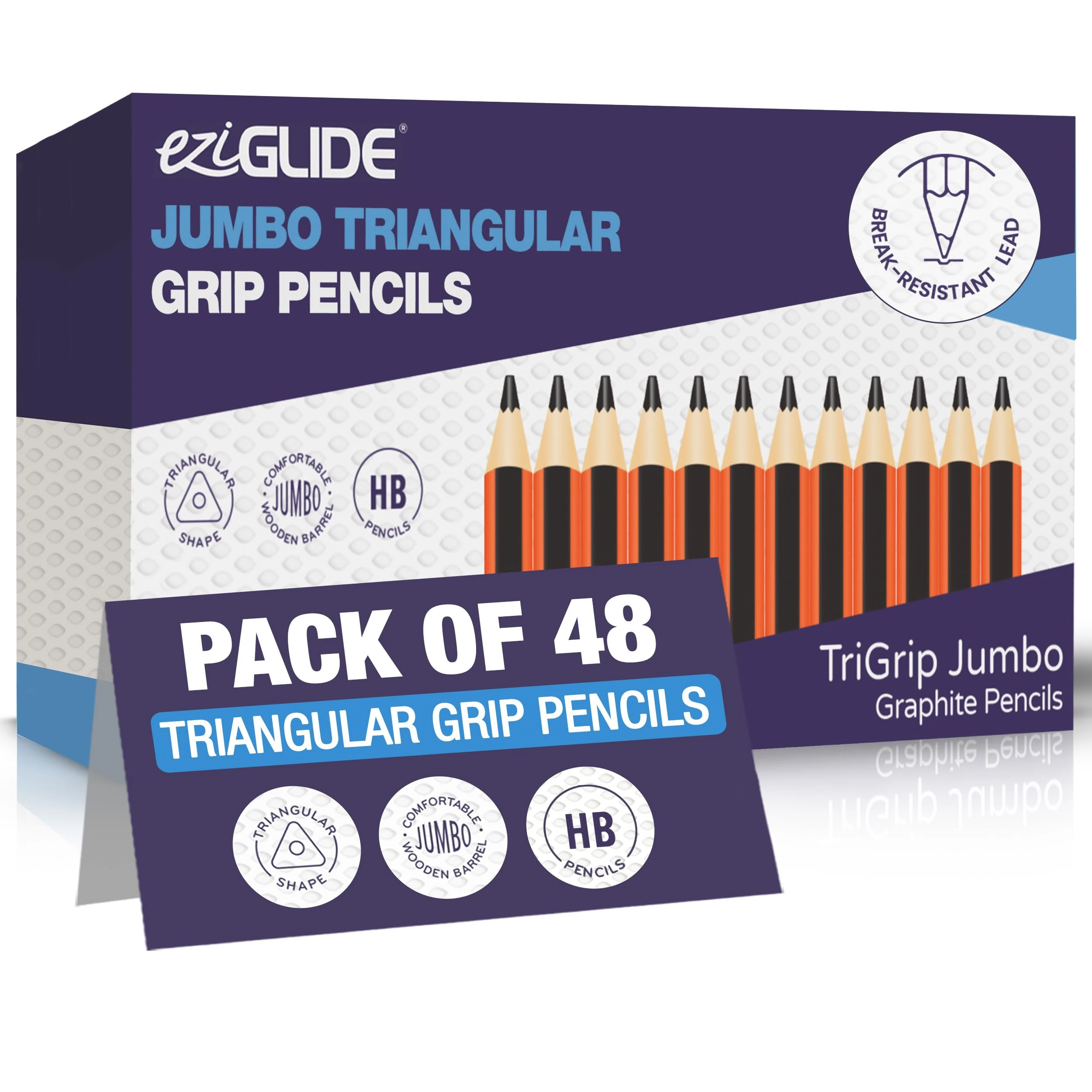Eziglide TriGrip Jumbo HB Pencils, Tub of 48 Triangular Pencils, Break resistant super bonded lead, Triangle pencils for kids that improve pencil grip comfort and control when drawing & writing