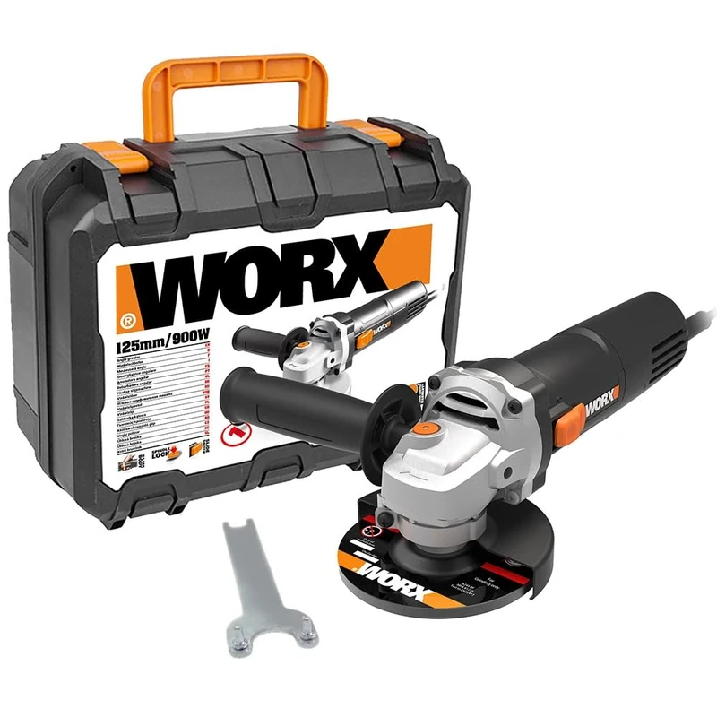 WORX 900W WX718 Corded Angle Grinder 125mm Disc Powerful 12000RPM Comes with Anti-Vibration Auxiliary Handle, Proection Cover, Metal Grinding Disc