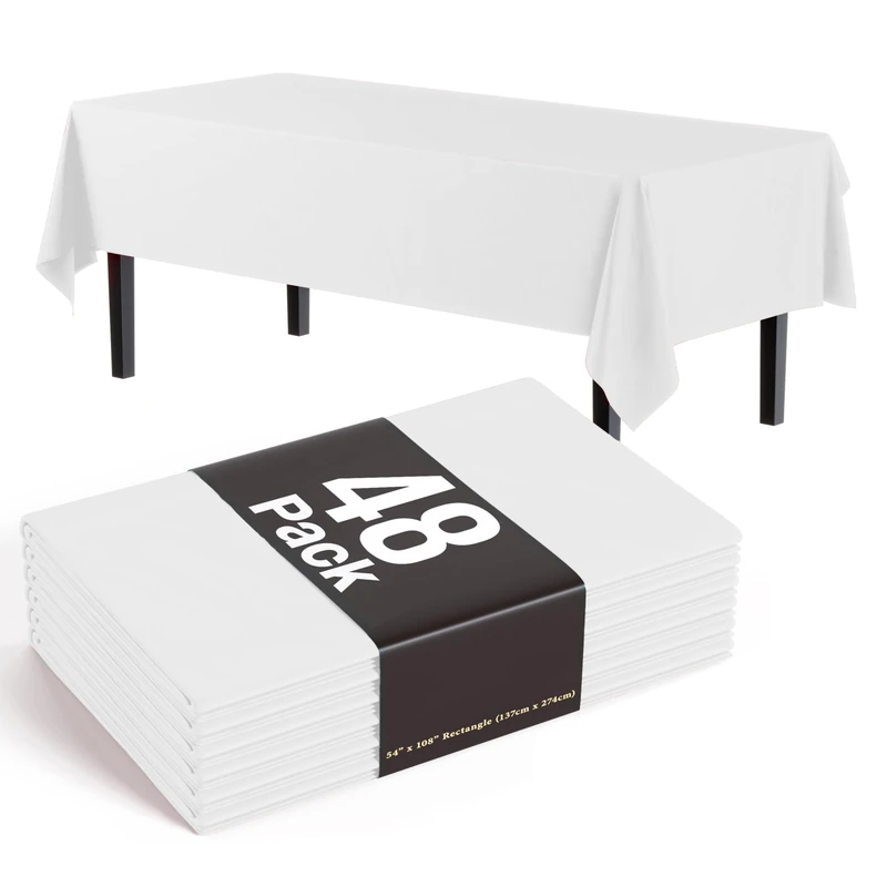 Exquisite White Tablecloths for Rectangle Tables in Bulk 48 Pack White Plastic Disposable Table Cloth 54" Inch X 108" Inch White Tablecloth Plastic Table Cloths for Parties Disposable by The Case - Image 1
