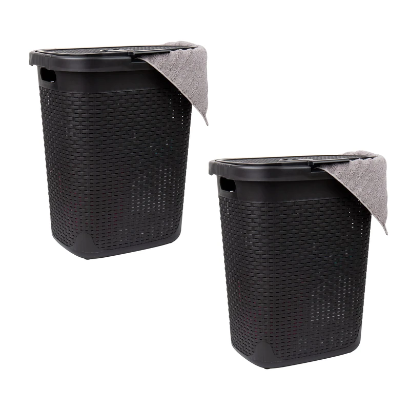 Mind Reader 50L Slim Laundry Hamper Set of 2 Black Wicker Lid Plastic Laundry Basket 45cm L x 34cm W x 53cm H