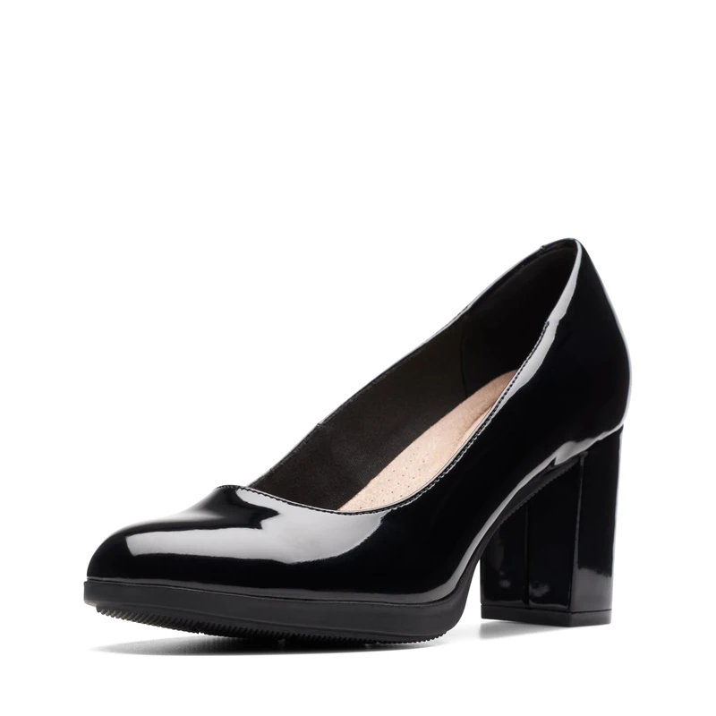 Clarks Women's Bayla Skip Pump, Black Patent Synthetic, 7