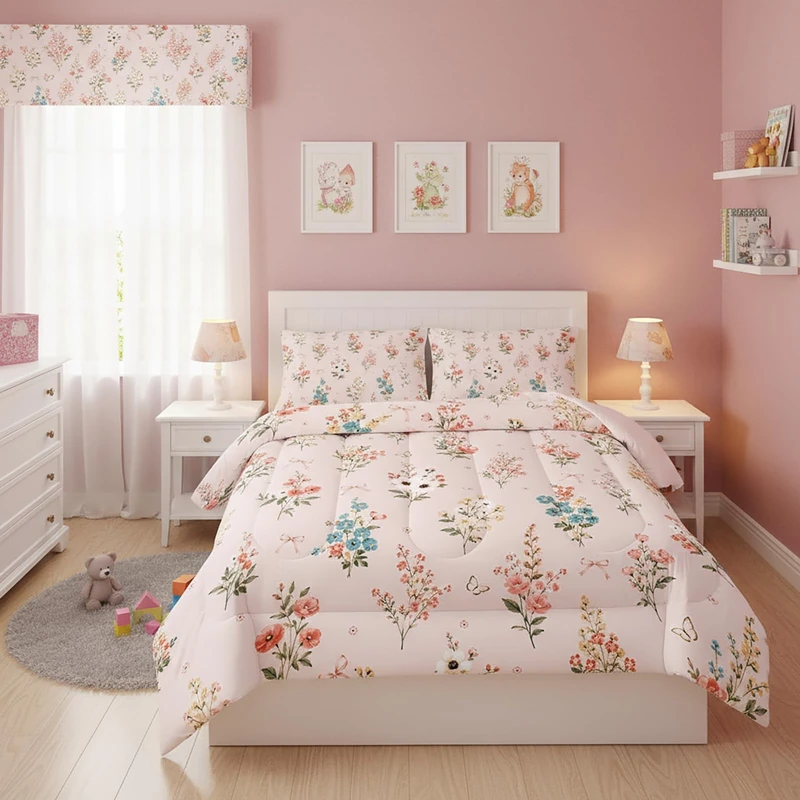 QOOMO Floral Comforter Full Size,Pink Floral Kids Comforter Set,3Pcs Bedding Set Printed Comforter with 2 Pillowcases,Down Alternative,Soft and Lightweight,for All Seasons