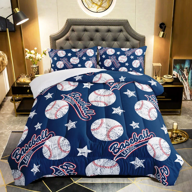 QOOMO 3D Baseballs Comforter Twin Size,Blue Baseball Kids Comforter Set,3Pcs Bedding Set Printed Comforter with 2 Pillowcases,Down Alternative,Soft and Lightweight,for All Seasons