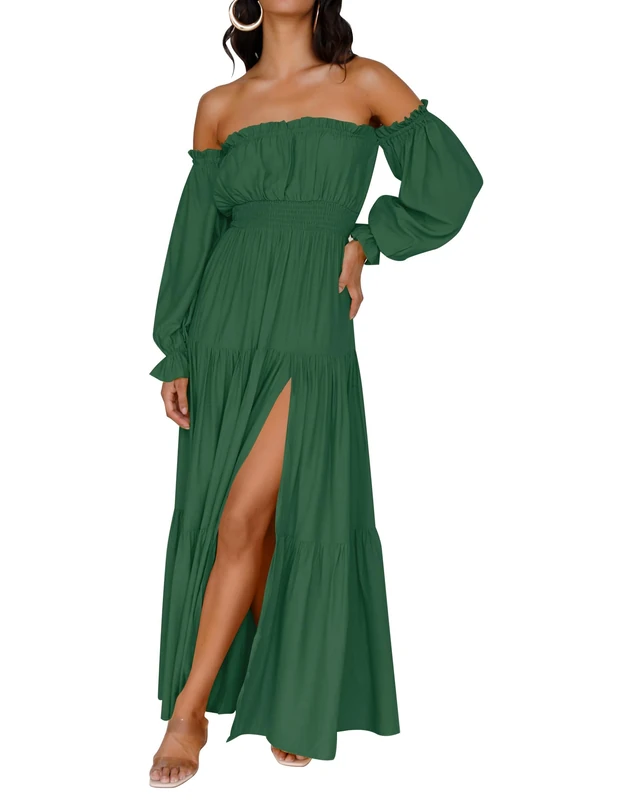 ZESICA Women's 2023 Boho Sexy Off Shoulder Long Sleeve Smocked High Waist Side Split Flowy A Line Tiered Long Maxi Dress, DarkGreen, XL