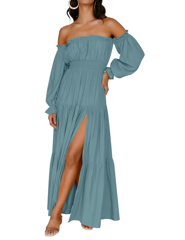 ZESICA Women's 2024 Boho Sexy Off Shoulder Long Sleeve Smocked High Waist Side Split Flowy A Line Tiered Long Maxi Dress, Teal, L