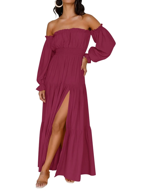 ZESICA Women's 2025 Boho Sexy Off Shoulder Long Sleeve Smocked High Waist Side Split Flowy A Line Tiered Long Maxi Dress, Fuchsia, M