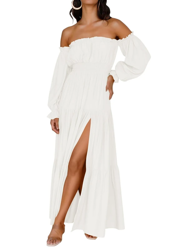 ZESICA Women's 2024 Boho Sexy Off Shoulder Long Sleeve Smocked High Waist Side Split Flowy A Line Tiered Long Maxi Dress, White, M
