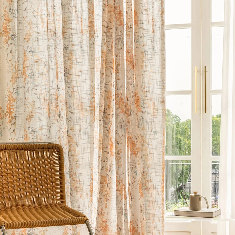 SUOUO Burnt Orange Leaf Semi Sheer Curtains Linen Textured for Living Room Print Foliage Vine Floral Tulle Light Filtering Privacy Curtain for Bedroom Dining 96 inches Long Rod Pocket 2 Panels