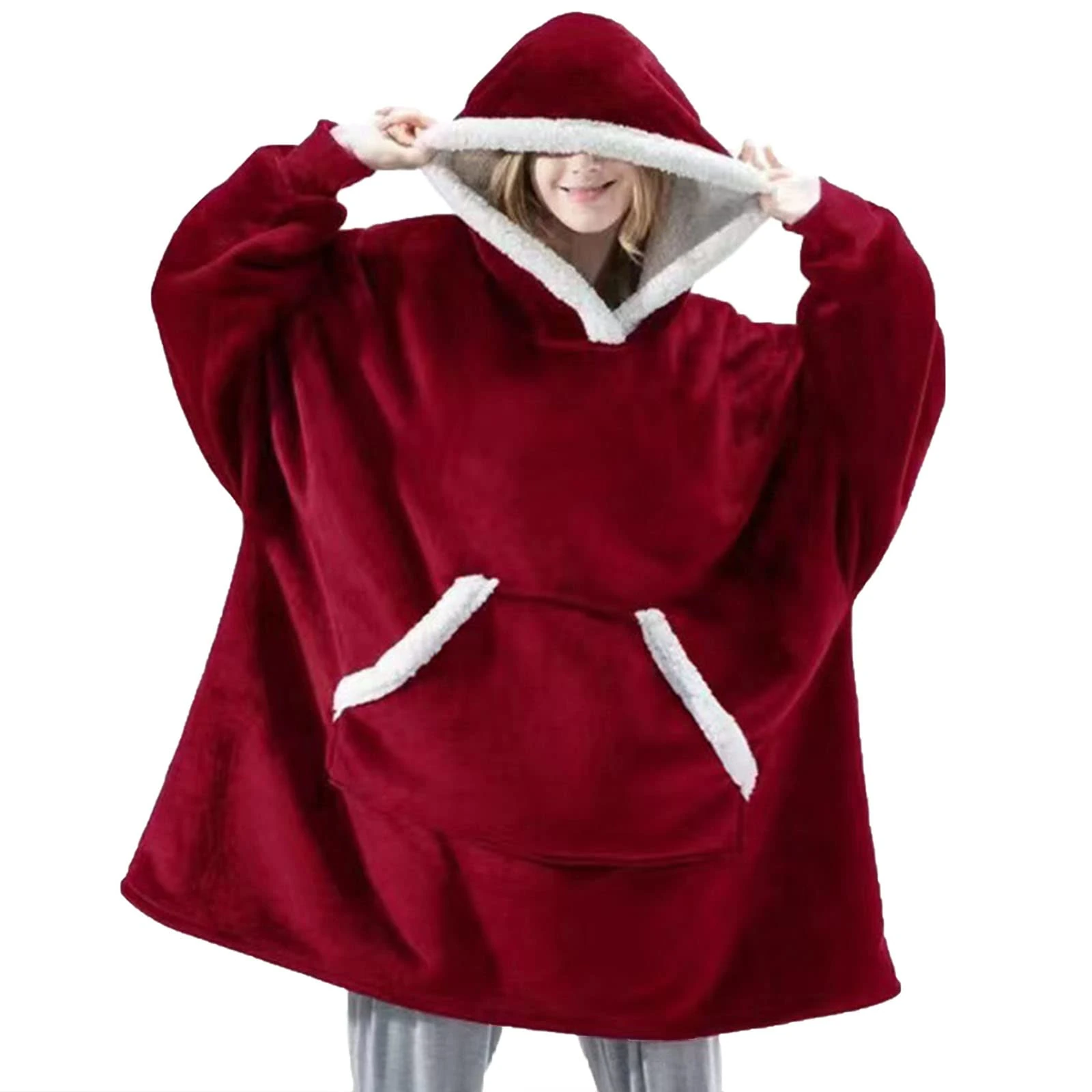 Hood Womens Fleece Pajamas Flannel Pj Hooded Sleepwear Loungewear Button-Down Pj with Pockets Plus Size Oversize,Red,One size